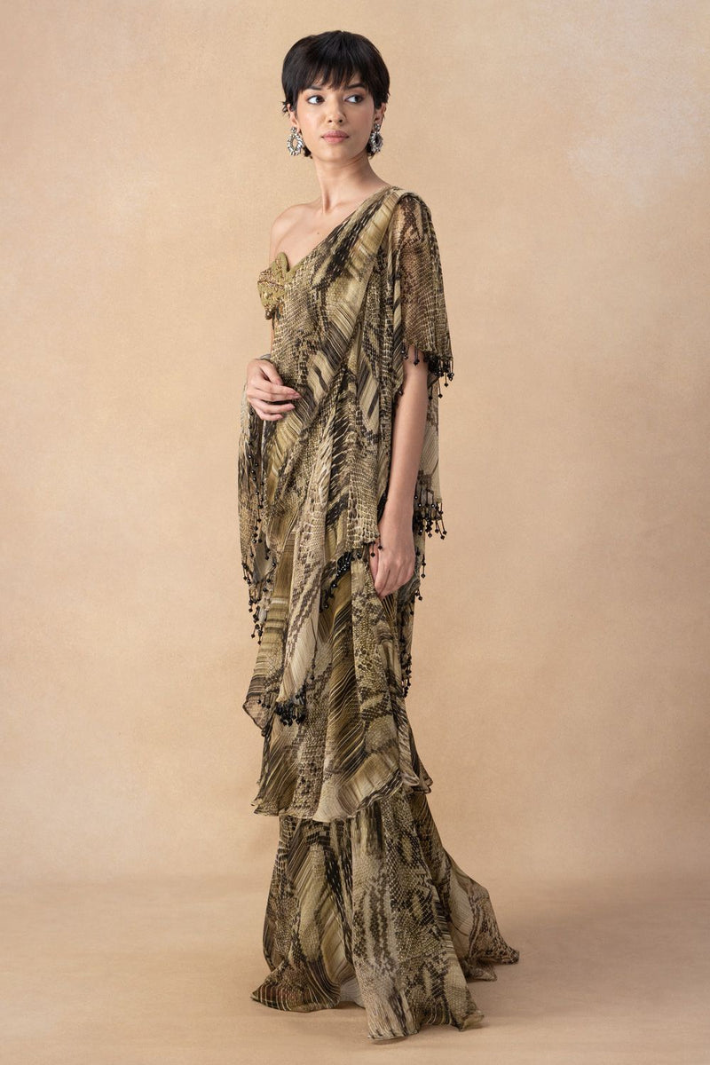 Green Python Print Ruffle Saree & Blouse Set – Nikita Mhaisalkar