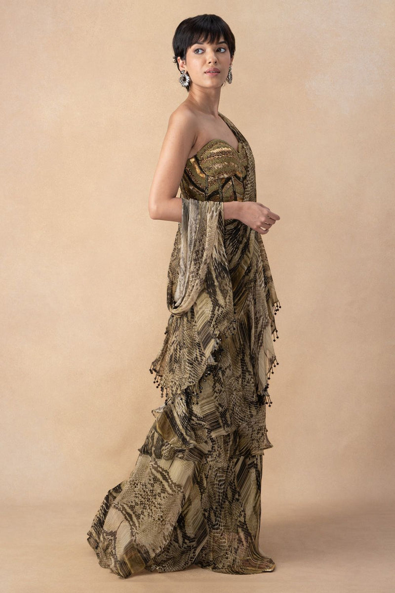 Green Python Print Ruffle Saree & Blouse Set – Nikita Mhaisalkar