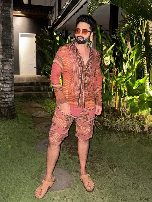 JACKKY BHAGNANI IN TANGERINE BYZANTINE PRINT SHIRT AND SHORTS