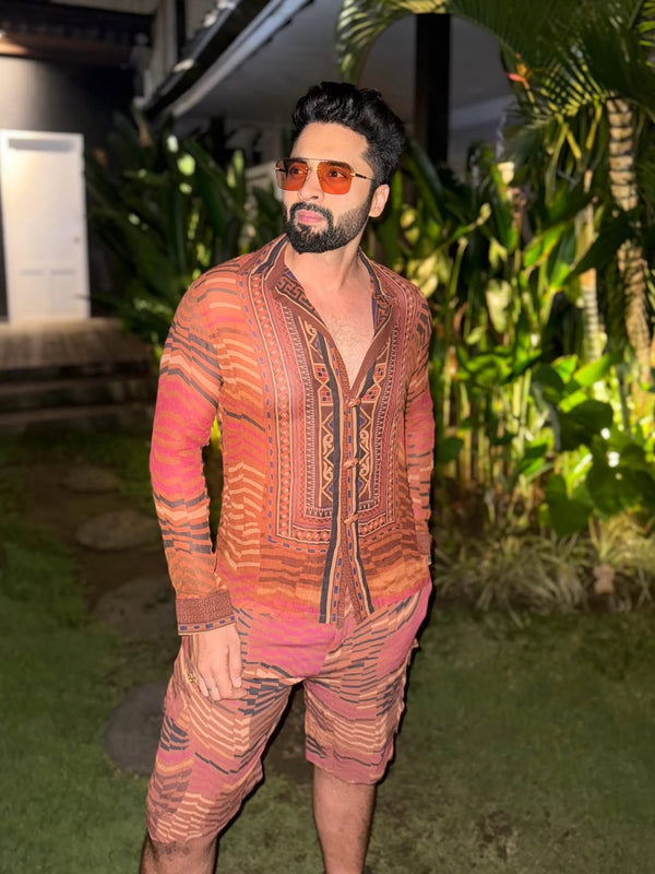 JACKKY BHAGNANI IN TANGERINE BYZANTINE PRINT SHIRT AND SHORTS