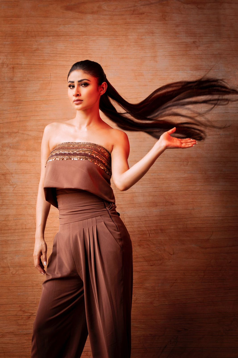Mouni Roy in Dark Tan High Waist Pants and Tube with Aged Gold Embroidery