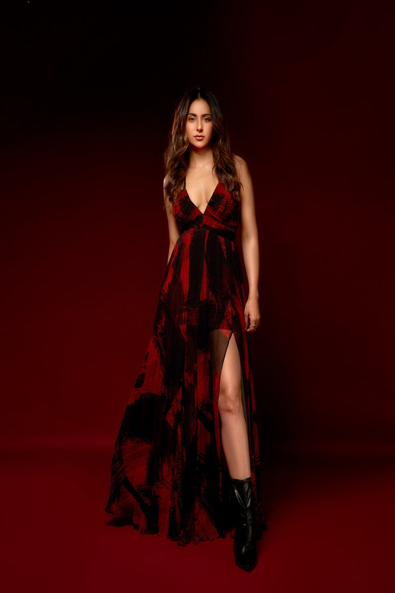 Rakulpreet in Red & Black Stroke Print Maxi Dress