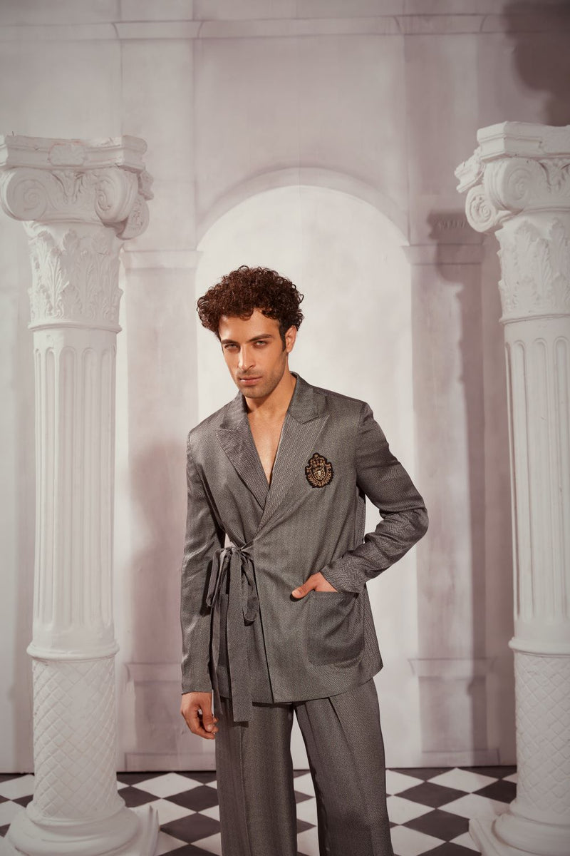 Tweed Print Satin Tie-up Blazer Co-Ord Set