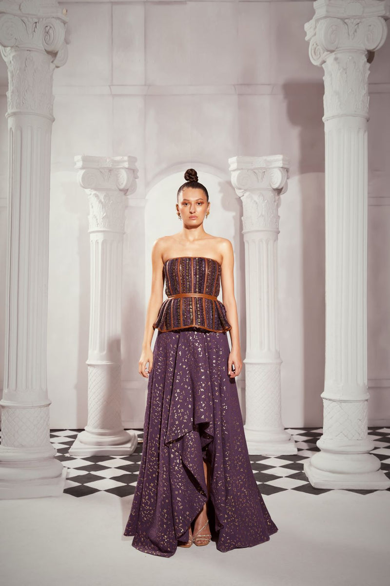 Aubergine Sheeted Pure Georgette Asymmetrical Skirt