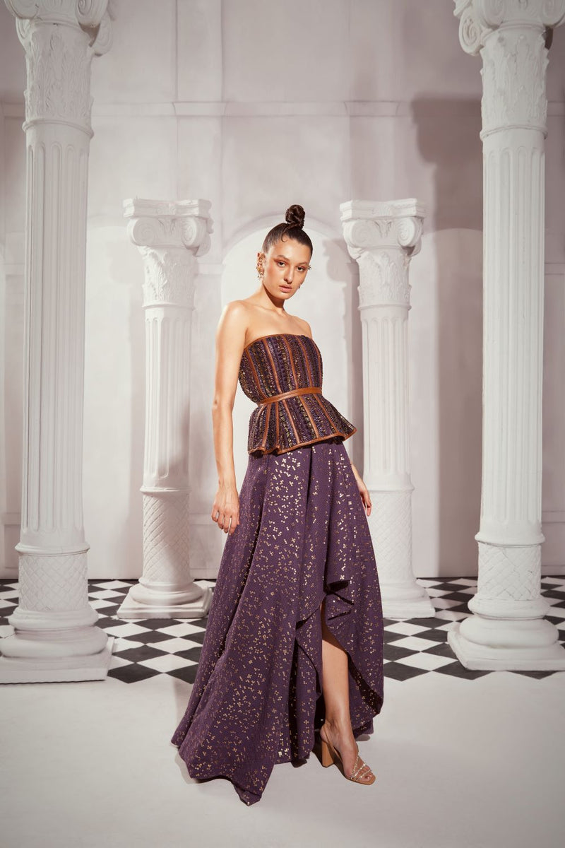 Aubergine Sheeted Pure Georgette Asymmetrical Skirt