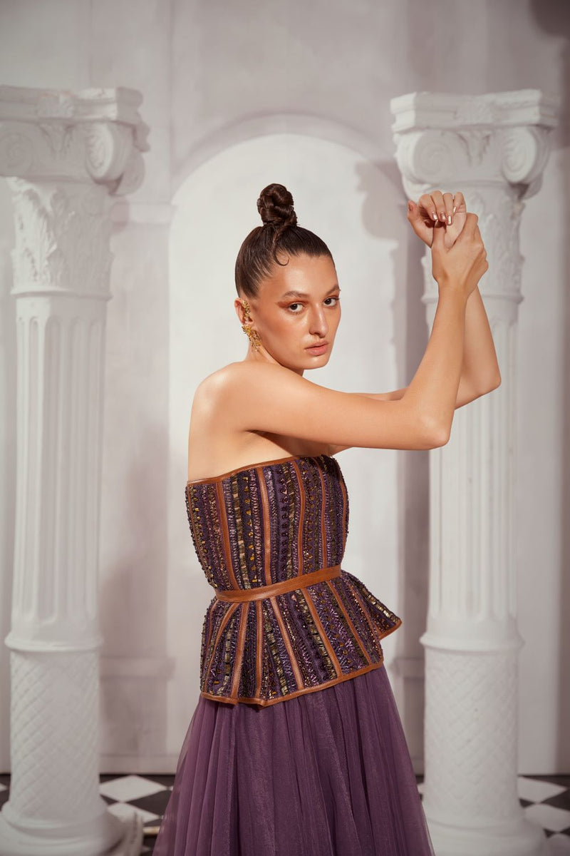 Aubergine Tulle Printed  Thread Embroidred Corset