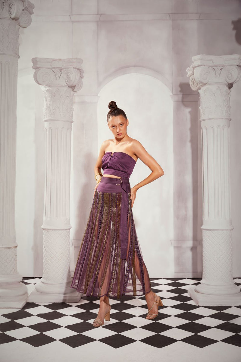 Aubergine Tulle Hand Embellished Skirt