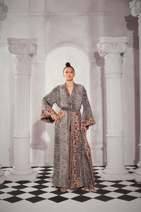 Black & White Byzantine Print Slit Dress With Tile Thread Embroidery