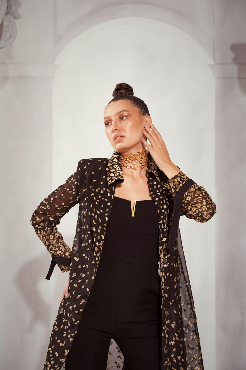 Leopard Aari Embroidered Long Trench And Black Jumpsuit Set