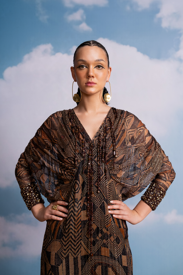 BROWN GEOMETRIC KIMONO DRESS WITH HANDMADE TASSELS AND HAND EMBROIDERED CUFFS