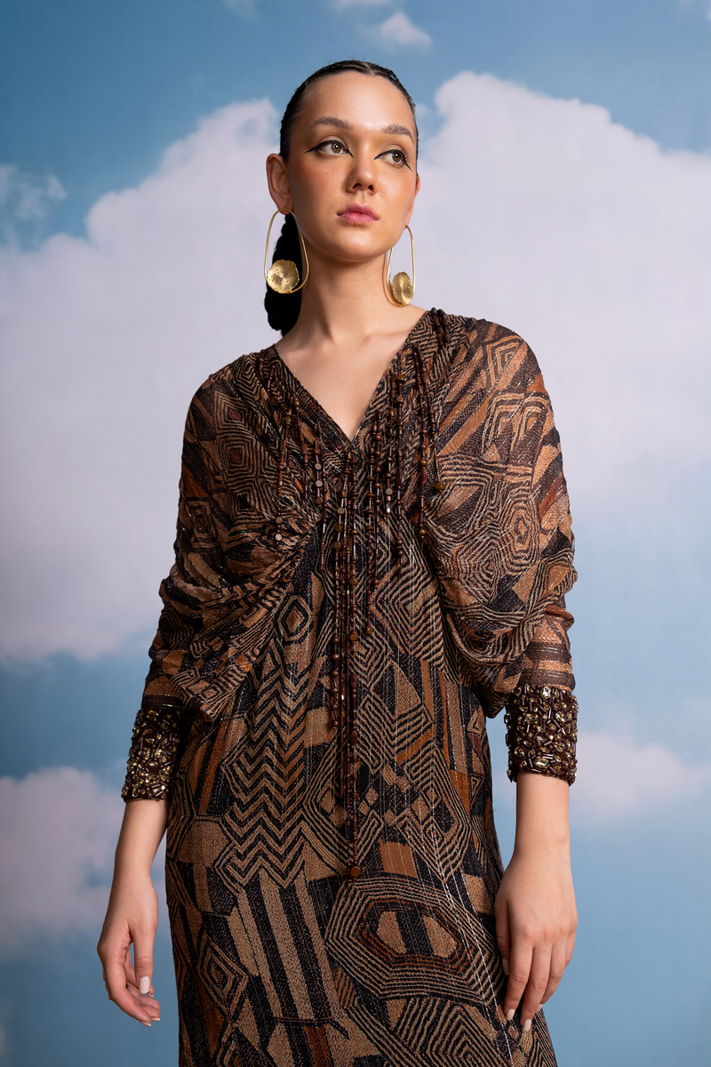 BROWN GEOMETRIC KIMONO DRESS WITH HANDMADE TASSELS AND HAND EMBROIDERED CUFFS