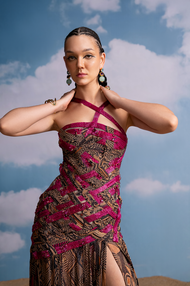 FUSCHIA GEOMETRIC PRINT BRAIDED DRESS WITH BEADED HAND EMBROIDERY