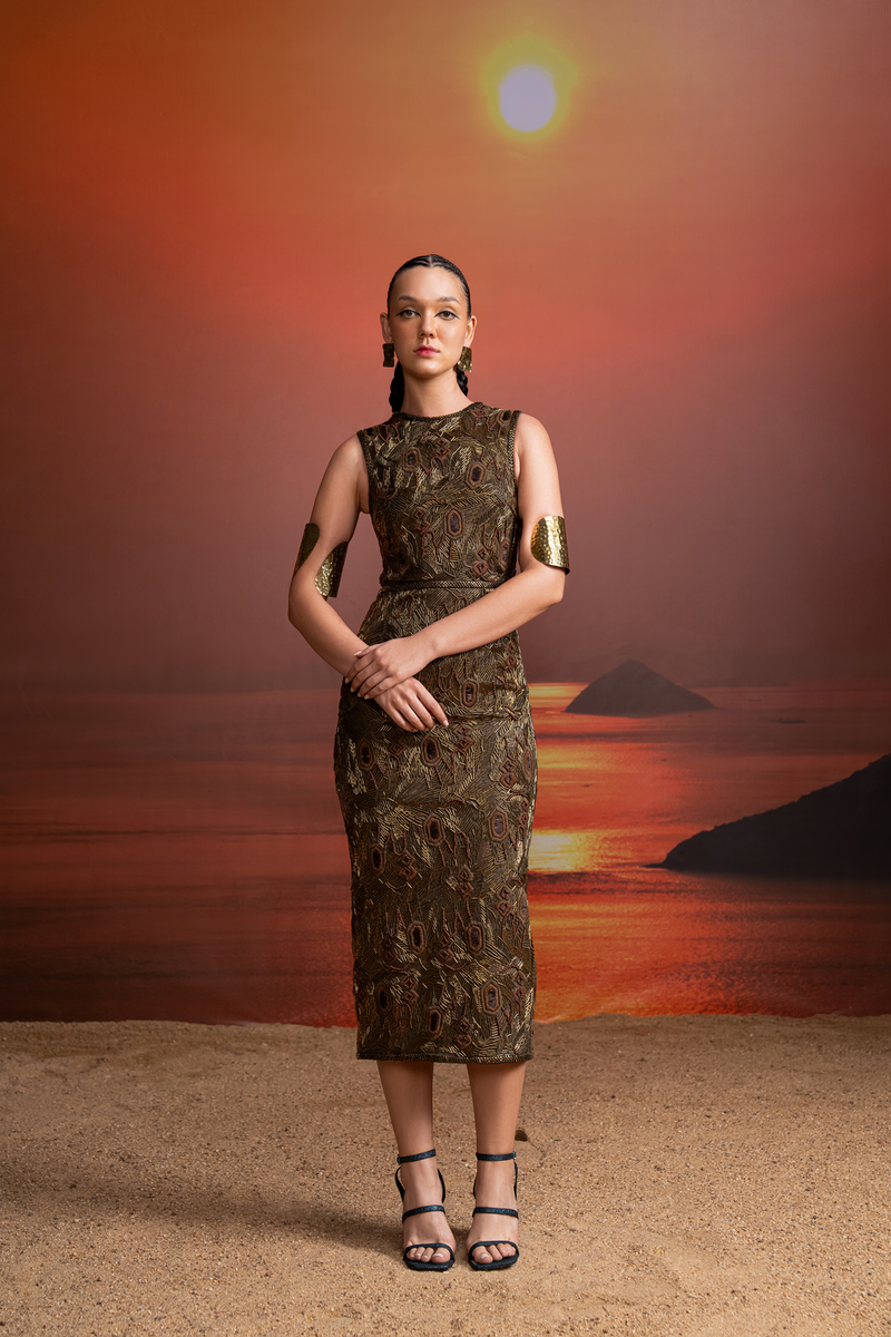 OLIVE HEAVY BAROQUE EMBELLISHED SHEATH DRESS