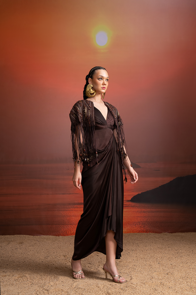 BROWN PLEATED DRAPED DRESS WITH CAPE