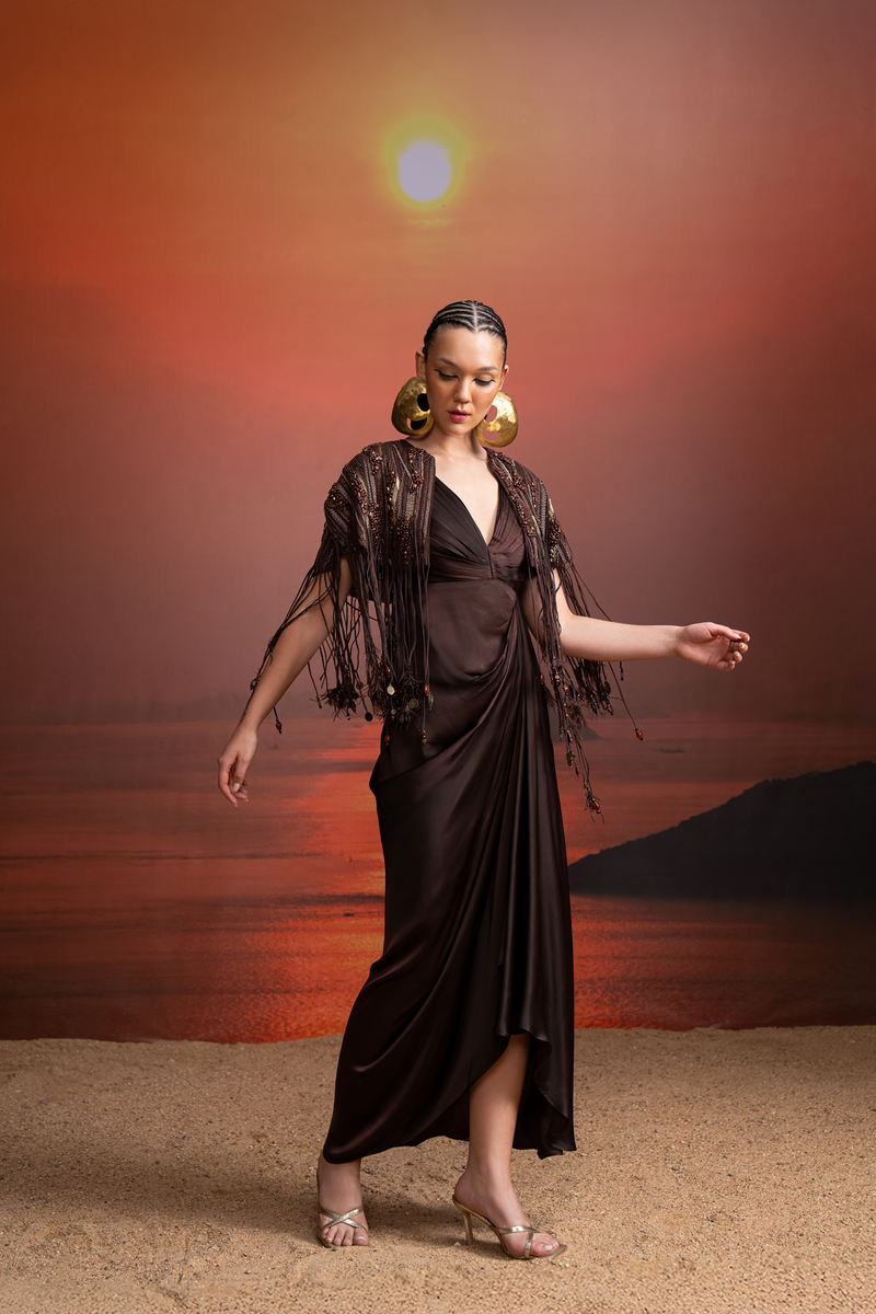 BROWN PLEATED DRAPED DRESS WITH CAPE