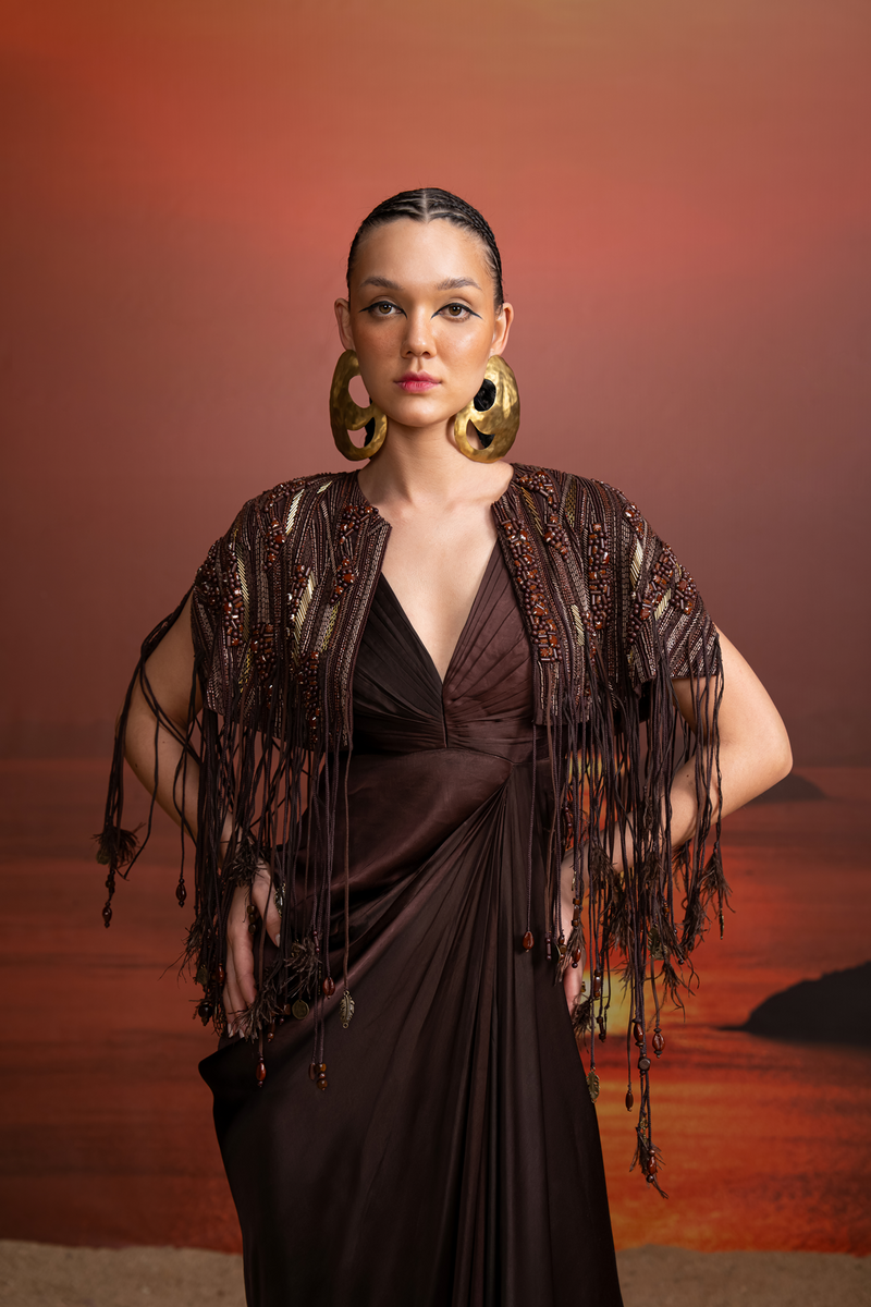 BROWN PLEATED DRAPED DRESS WITH CAPE