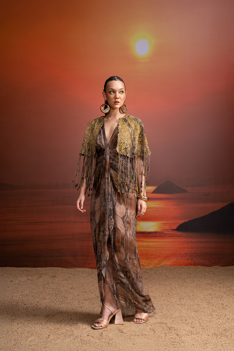 BROWN PYTHON PRINT DRAPED DRESS WITH CANARY CUTWORK EMBROIDERED CAPE