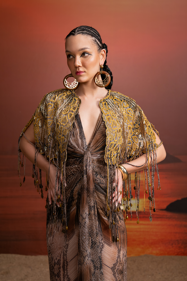 BROWN PYTHON PRINT DRAPED DRESS WITH CANARY CUTWORK EMBROIDERED CAPE