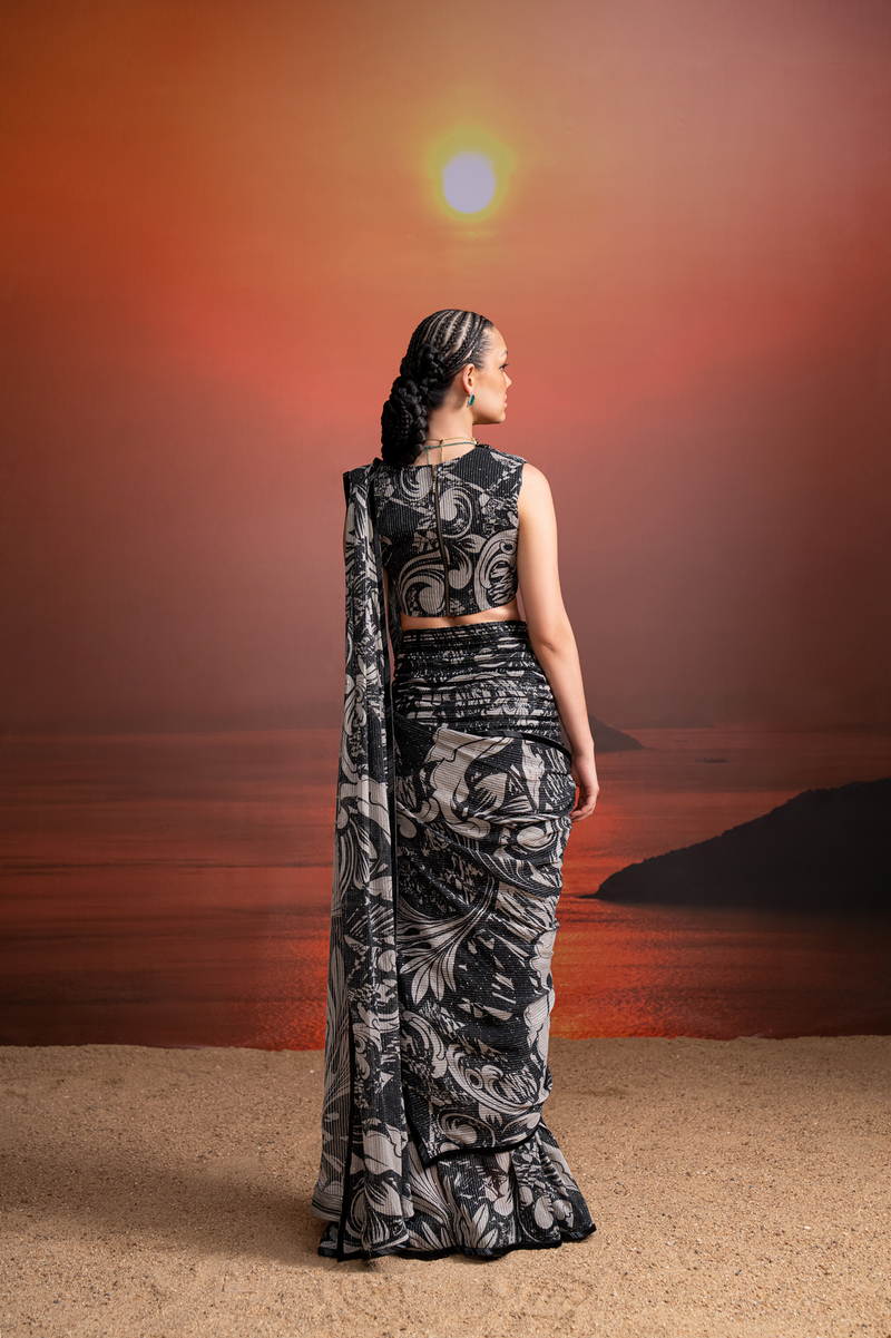 NOIR PRINTED EMBELLISHED DRAPED SAREE WITH BEADED HAND EMBROIDERED BLOUSE