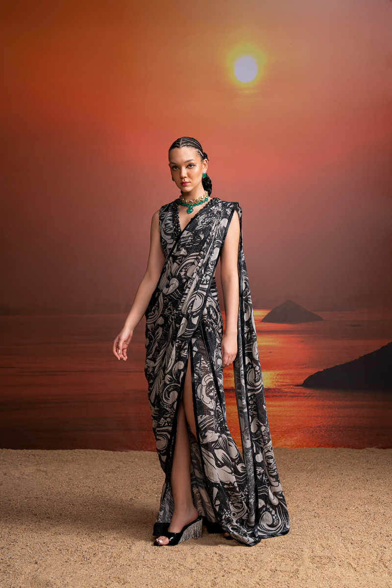 NOIR PRINTED EMBELLISHED DRAPED SAREE WITH BEADED HAND EMBROIDERED BLOUSE