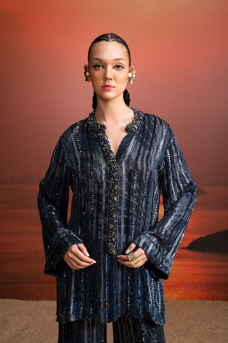 INDIGO SWIRL PRINTED GUNMETAL EMBROIDERED SHORT KURTA WITH PANTS