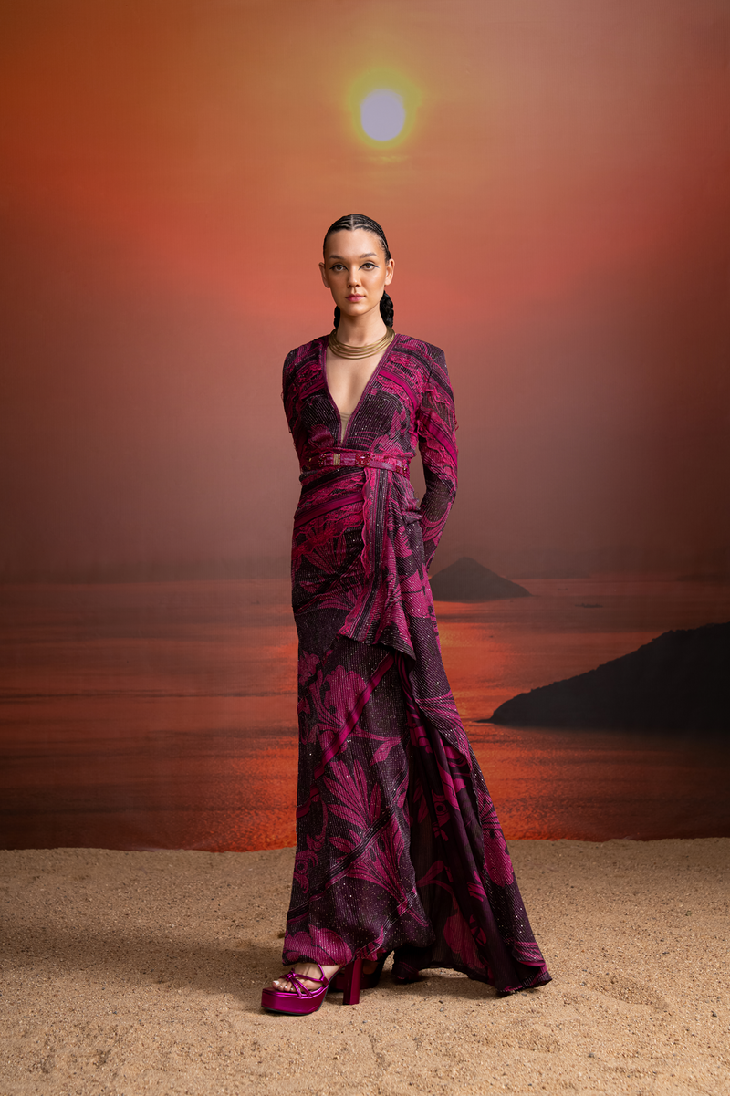 FUSCHIA SWIRL PRINTED CHANTILLY DETAILED DRAPED DRESS