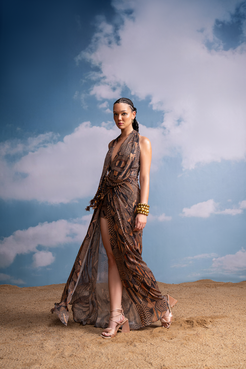 BROWN GEOMETRIC COWL NECK DRESS WITH ATTACHED TASSELED SCARF