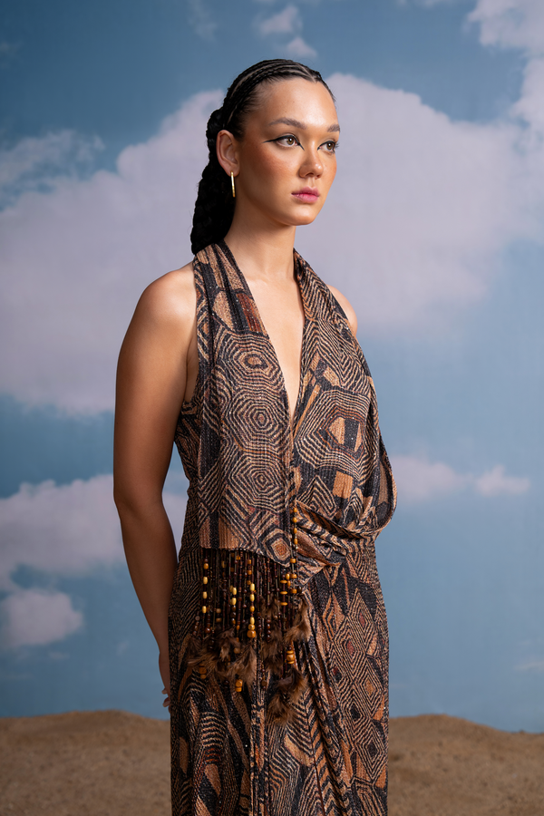 BROWN GEOMETRIC COWL NECK DRESS WITH ATTACHED TASSELED SCARF