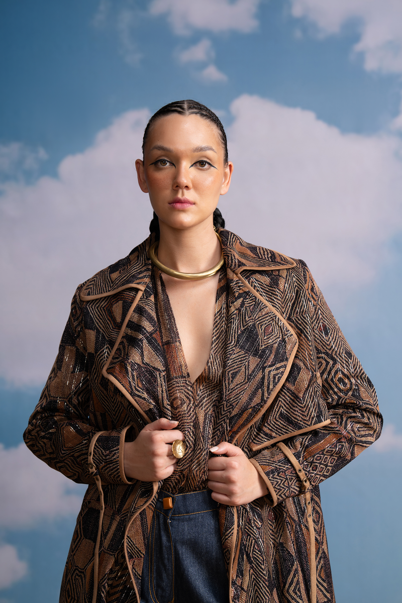 BROWN GEOMETRIC PRINT LUREX TOP