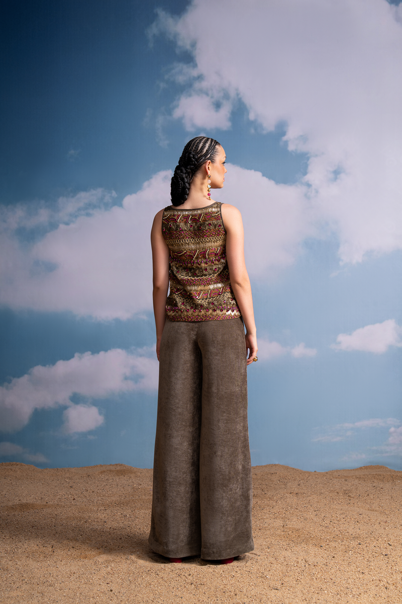 OLIVE CORDUROY WIDE LEG PANTS