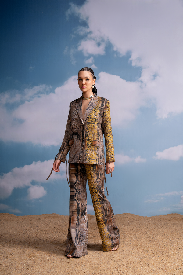 BROWN PYTHON PRINT PANTSUIT WITH CANARY HAND THREAD EMBROIDERY