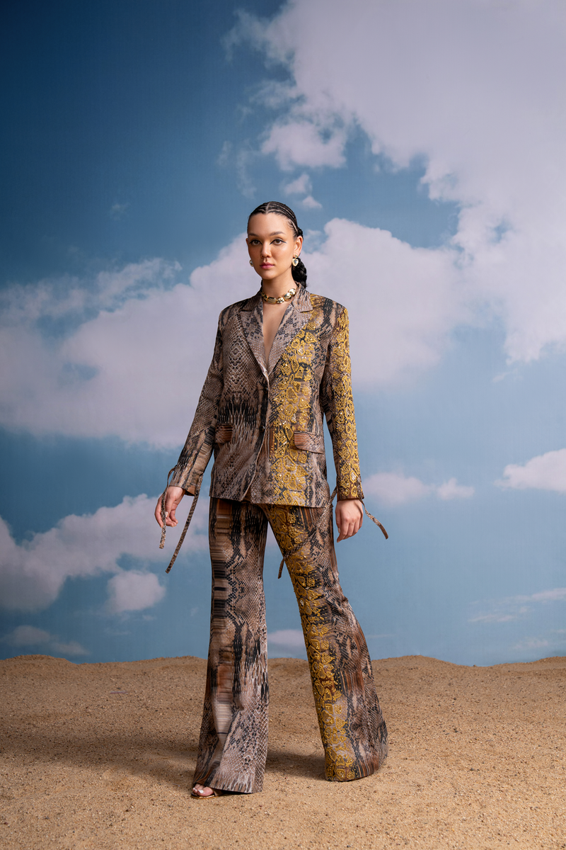 BROWN PYTHON PRINT PANTSUIT WITH CANARY HAND THREAD EMBROIDERY