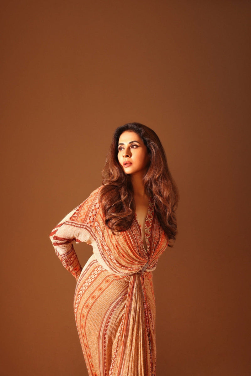 URMILA MANDOTKAR IN DARK BEIGE PLACEMENT PRINT DRAPED MAXI DRESS