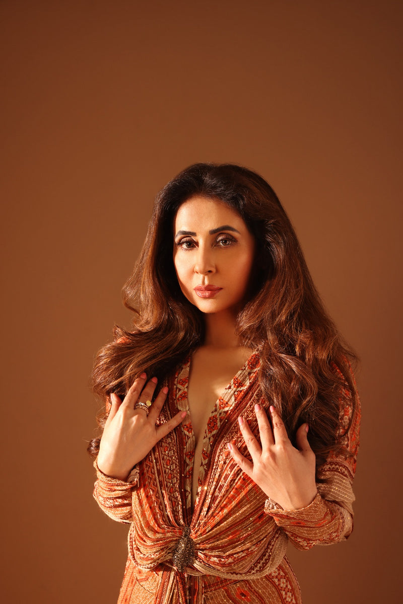 URMILA MANDOTKAR IN DARK BEIGE PLACEMENT PRINT DRAPED MAXI DRESS