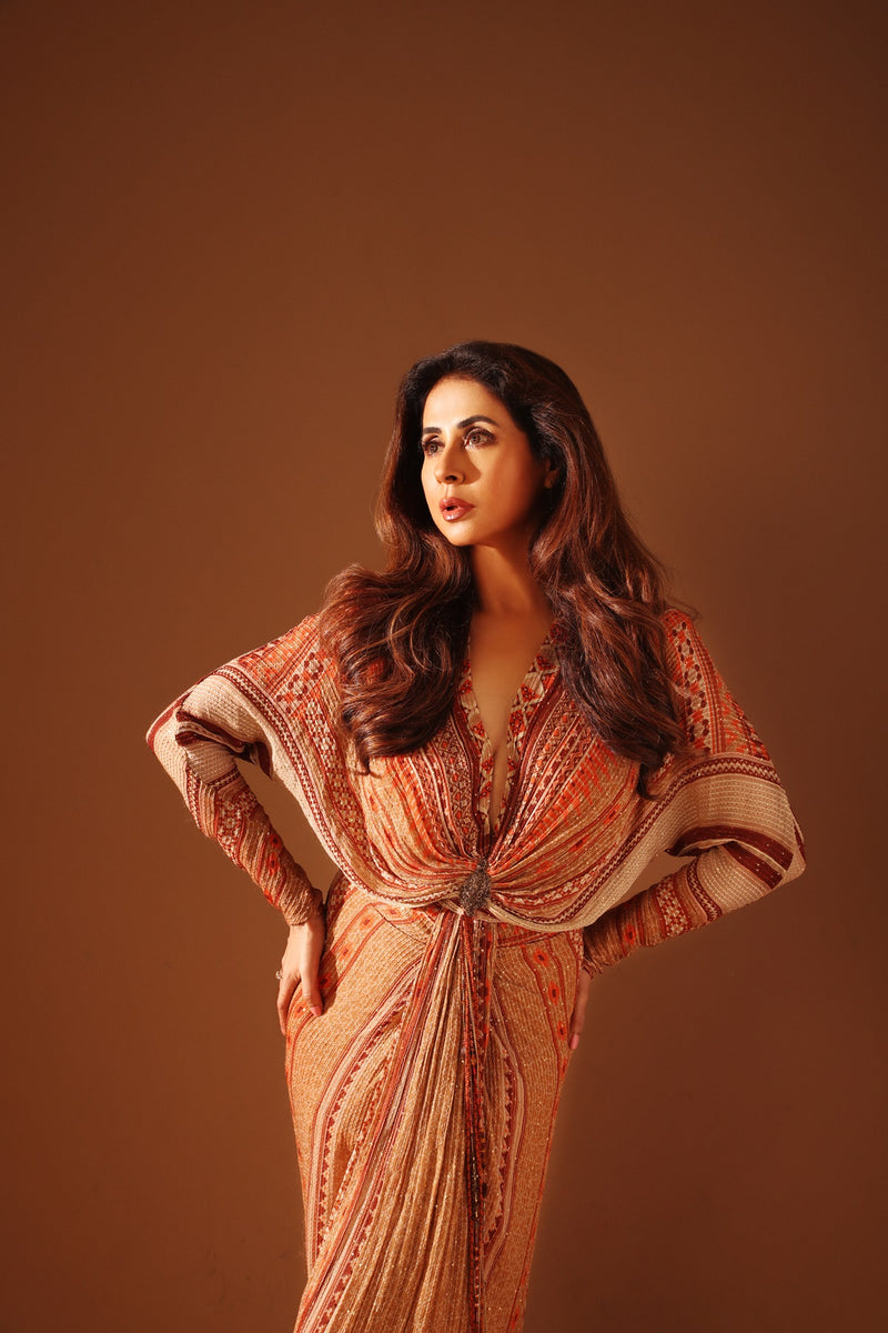 URMILA MANDOTKAR IN DARK BEIGE PLACEMENT PRINT DRAPED MAXI DRESS