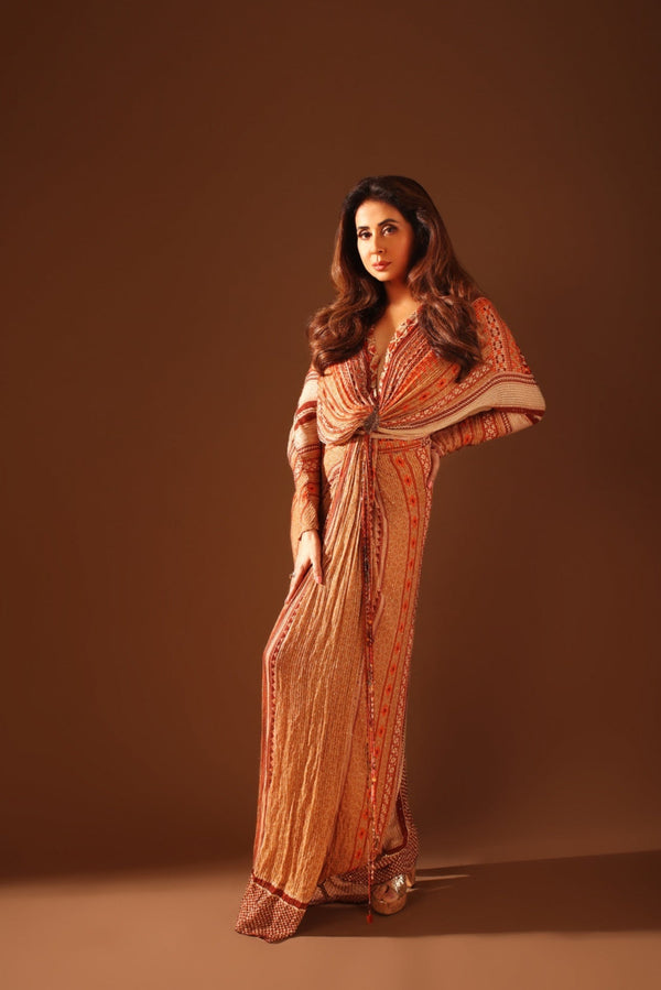 URMILA MANDOTKAR IN DARK BEIGE PLACEMENT PRINT DRAPED MAXI DRESS