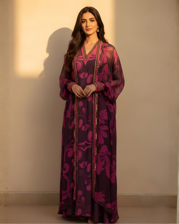 FUCHSIA PINK SWIRL PRINT DRESS WITH HAND THREAD AND WOODEN EMBELLISHMENTS