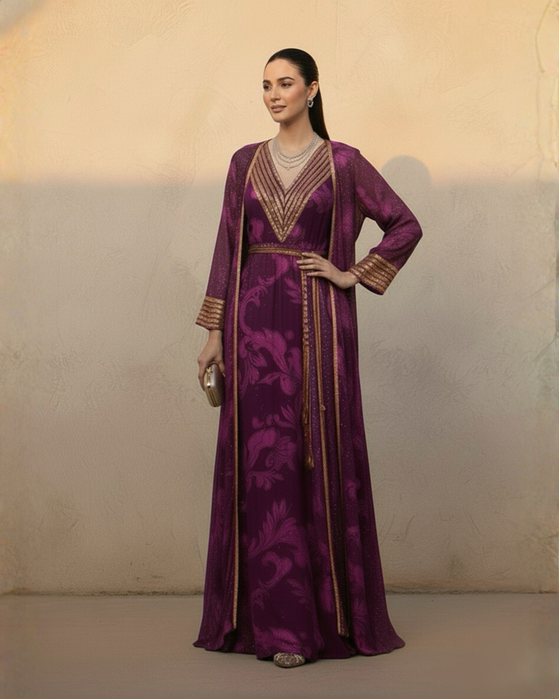 FUCHSIA PINK SWIRL PRINT DRESS WITH LONGLINE JACKET & TASSLE BELT WITH GOLD GLASS CUT PIPE EMBROIDERY