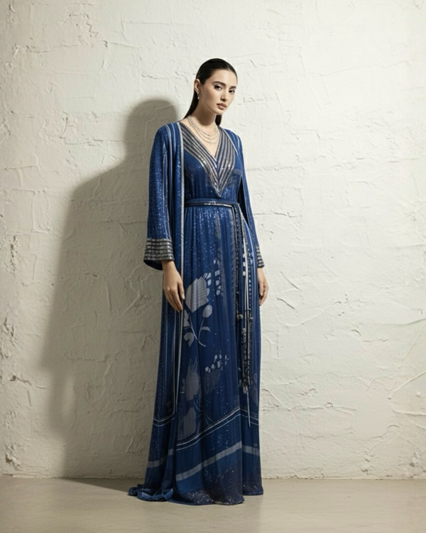 MIDNIGHT STAR PRINT DRESS WITH LONGLINE JACKET & TASSLE BELT WITH GLASS CUT PIPE EMBROIDERY