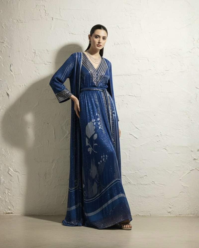 MIDNIGHT STAR PRINT DRESS WITH LONGLINE JACKET & TASSLE BELT WITH GLASS CUT PIPE EMBROIDERY