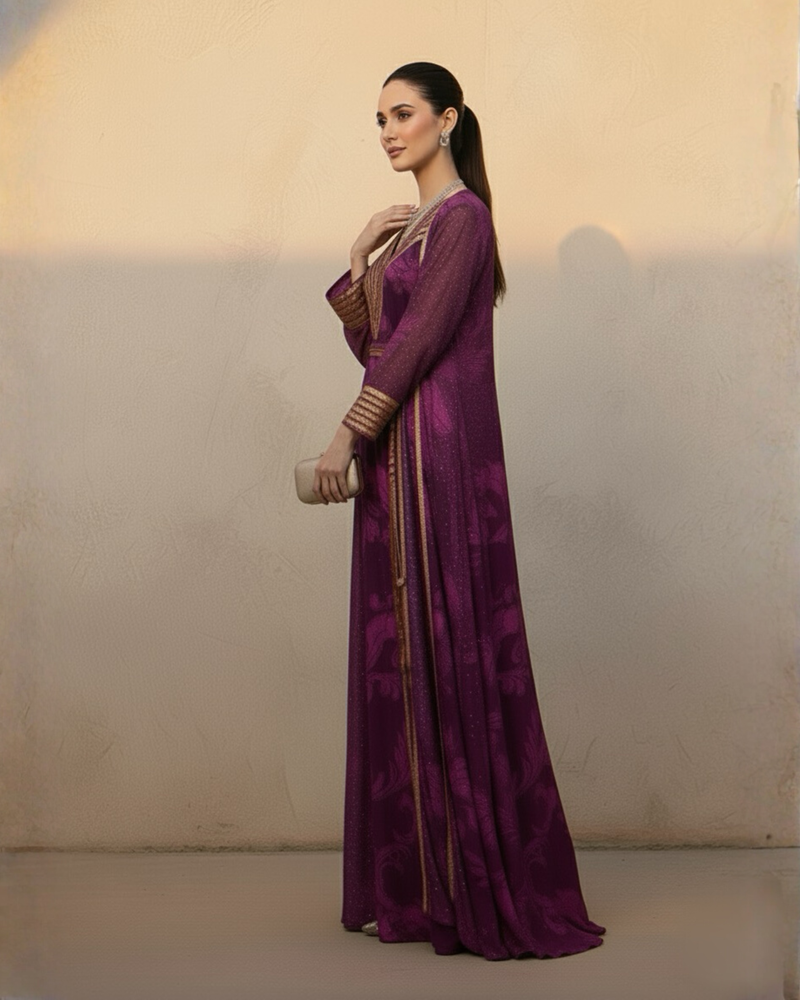 FUCHSIA PINK SWIRL PRINT DRESS WITH LONGLINE JACKET & TASSLE BELT WITH GOLD GLASS CUT PIPE EMBROIDERY