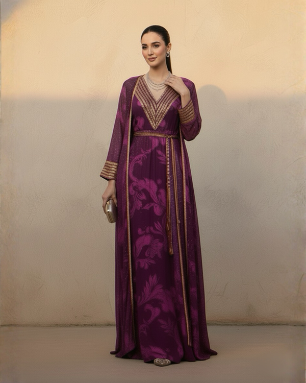 FUCHSIA PINK SWIRL PRINT DRESS WITH LONGLINE JACKET & TASSLE BELT WITH GOLD GLASS CUT PIPE EMBROIDERY