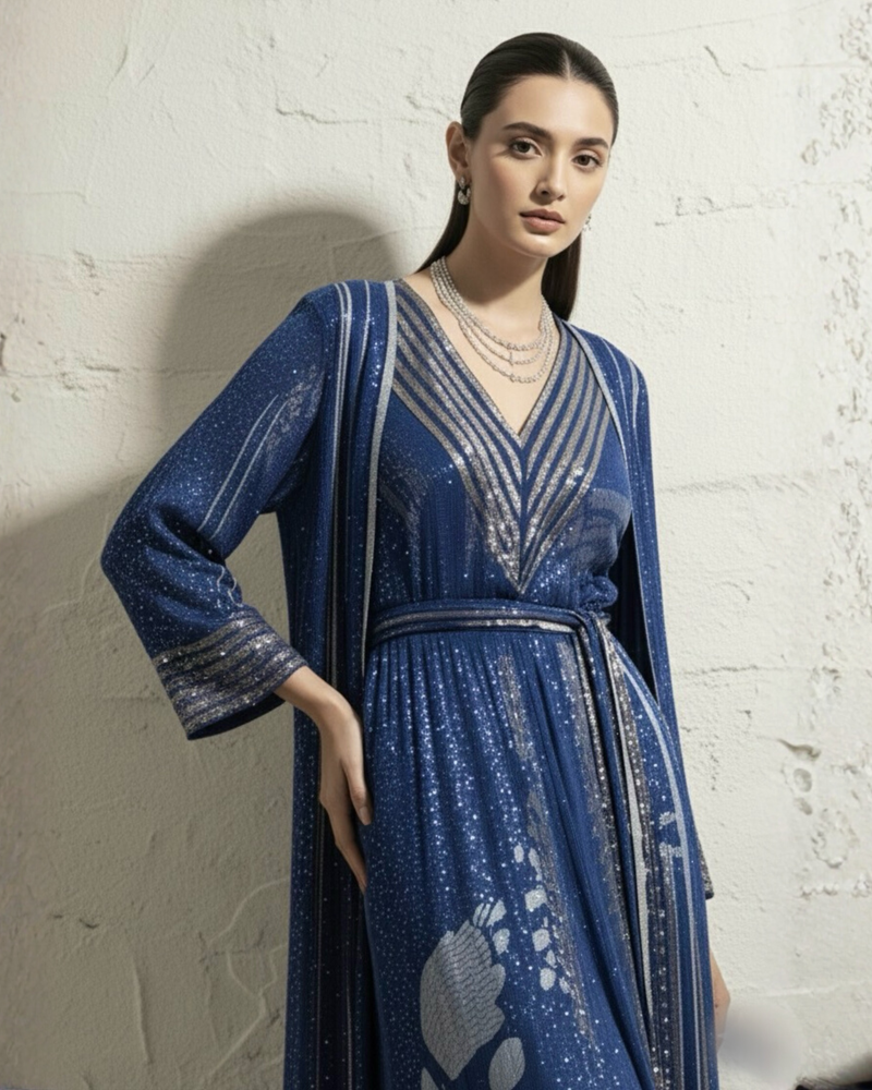 MIDNIGHT STAR PRINT DRESS WITH LONGLINE JACKET & TASSLE BELT WITH GLASS CUT PIPE EMBROIDERY