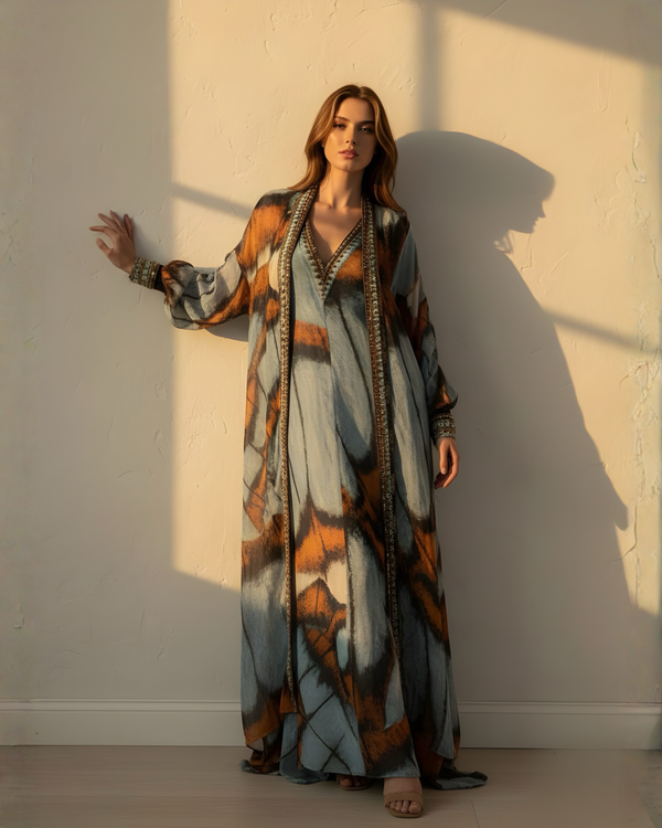 POWDER BLUE BUTTERFLY PRINT DRESS WITH HAND THREAD AND WOODEN EMBELLISHMENTS