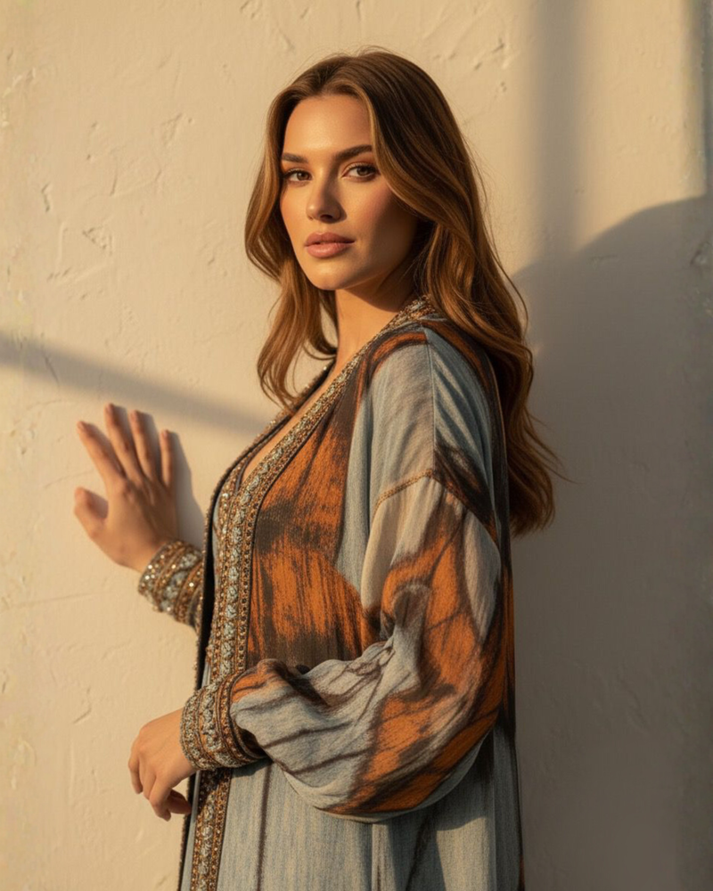 POWDER BLUE BUTTERFLY PRINT DRESS WITH HAND THREAD AND WOODEN EMBELLISHMENTS