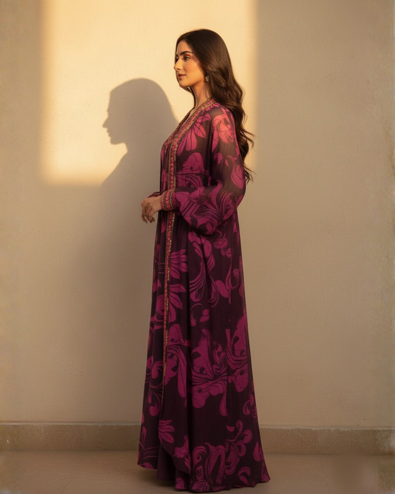 FUCHSIA PINK SWIRL PRINT DRESS WITH HAND THREAD AND WOODEN EMBELLISHMENTS