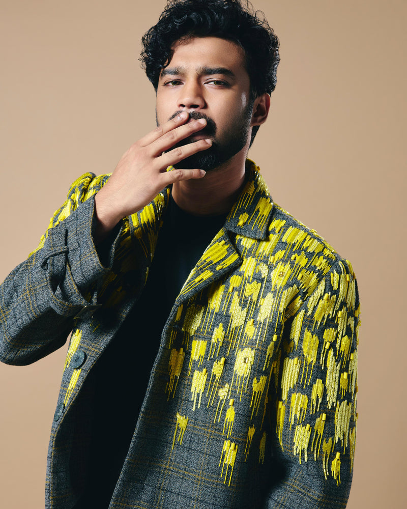 BABIL KHAN IN GREY CHECKS BLAZER WITH CANARY GLASS BEAD EMBROIDERY