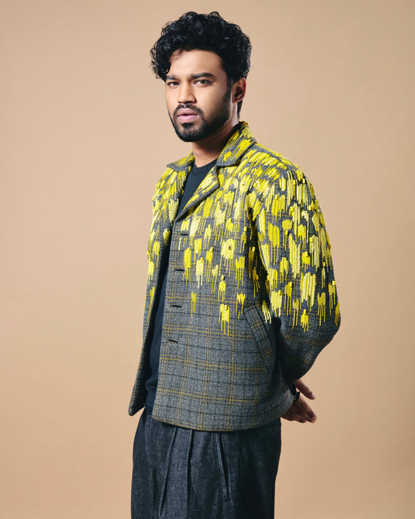 BABIL KHAN IN GREY CHECKS BLAZER WITH CANARY GLASS BEAD EMBROIDERY