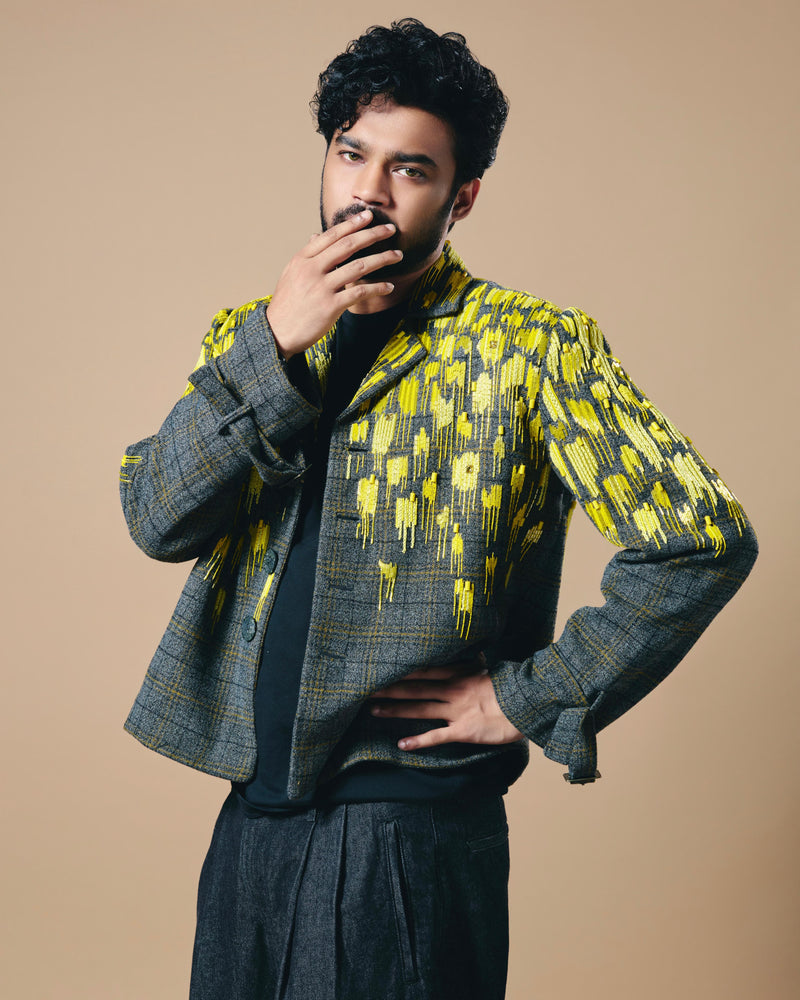 BABIL KHAN IN GREY CHECKS BLAZER WITH CANARY GLASS BEAD EMBROIDERY