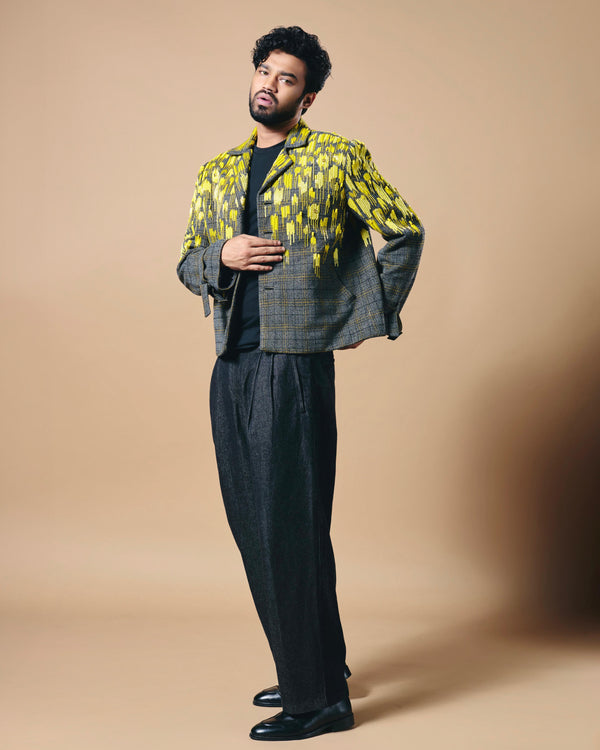 BABIL KHAN IN GREY CHECKS BLAZER WITH CANARY GLASS BEAD EMBROIDERY